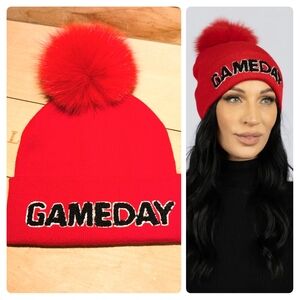 Red Gameday Beanie with Fox Fur Pom Pom NWT